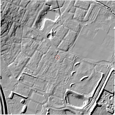 Shaded relief map of the ground around CV346TN, computed from Environment Agency LiDAR. The ground here sits at about 49 m above sea level and falls 11 m across the surrounding 800 m. Surface water reaching this point runs off ground lying to the north-north-west, 2.1 m higher.