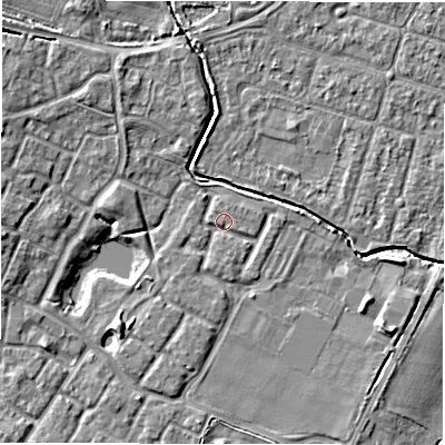 Shaded relief map of the ground around CV346TZ, computed from Environment Agency LiDAR. The ground here sits at about 50 m above sea level and falls 6 m across the surrounding 800 m. Surface water reaching this point runs off ground lying to the north-west, 1.1 m higher.