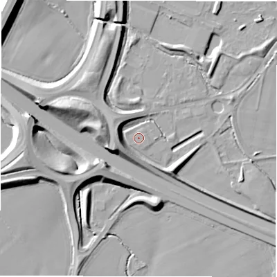 Shaded relief map of the ground around CV346UH, computed from Environment Agency LiDAR. The ground here sits at about 49 m above sea level and falls 14 m across the surrounding 800 m. Surface water reaching this point runs off ground lying to the west-north-west, 0.5 m higher.