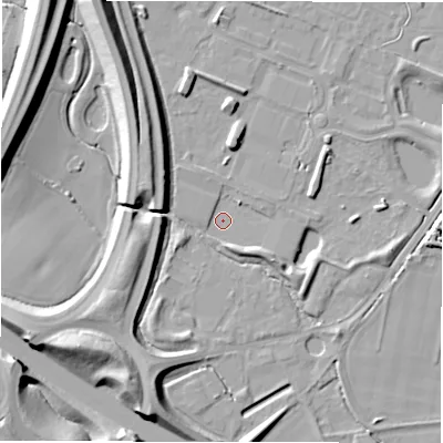 Shaded relief map of the ground around CV346UQ, computed from Environment Agency LiDAR. The ground here sits at about 47 m above sea level and falls 14 m across the surrounding 800 m. Surface water reaching this point runs off ground lying to the south-west, 13.9 m higher.