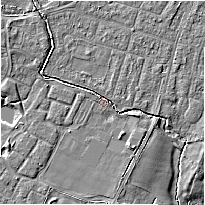 Shaded relief map of the ground around CV346XR, computed from Environment Agency LiDAR. The ground here sits at about 49 m above sea level and falls 7 m across the surrounding 800 m. Surface water reaching this point runs off ground lying to the north-west, 4.1 m higher.