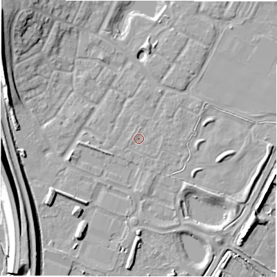 Shaded relief map of the ground around CV346XT, computed from Environment Agency LiDAR. The ground here sits at about 48 m above sea level and falls 14 m across the surrounding 800 m. The ground contributing surface water to this point lies to the west-north-west.
