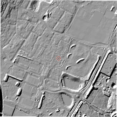 Shaded relief map of the ground around CV346XU, computed from Environment Agency LiDAR. The ground here sits at about 48 m above sea level and falls 11 m across the surrounding 800 m. Surface water reaching this point runs off ground lying to the west-north-west, 0.6 m higher.