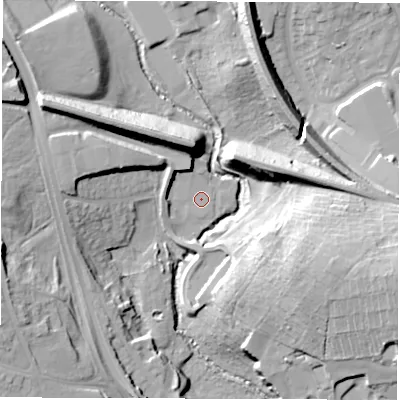 Shaded relief map of the ground around CV34AN, computed from Environment Agency LiDAR. The ground here sits at about 71 m above sea level and falls 27 m across the surrounding 800 m. Surface water reaching this point runs off ground lying to the north-north-west, 6.1 m higher.