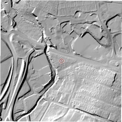 Shaded relief map of the ground around CV34AU, computed from Environment Agency LiDAR. The ground here sits at about 72 m above sea level and falls 28 m across the surrounding 800 m. The ground contributing surface water to this point lies to the east-south-east.