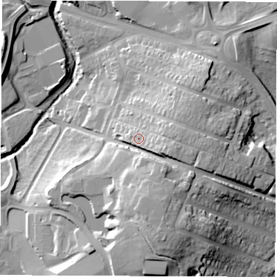 Shaded relief map of the ground around CV34BJ, computed from Environment Agency LiDAR. The ground here sits at about 81 m above sea level and falls 25 m across the surrounding 800 m. Surface water reaching this point runs off ground lying to the east-south-east, 6.8 m higher.