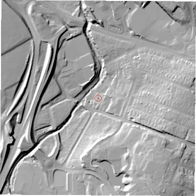Shaded relief map of the ground around CV34BN, computed from Environment Agency LiDAR. The ground here sits at about 69 m above sea level and falls 26 m across the surrounding 800 m. Surface water reaching this point runs off ground lying to the east-south-east, 7.1 m higher.