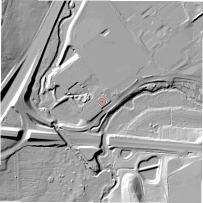 Shaded relief map of the ground around CV34GB, computed from Environment Agency LiDAR. The ground here sits at about 67 m above sea level and falls 15 m across the surrounding 800 m. Surface water reaching this point runs off ground lying to the west-south-west, 1.2 m higher.