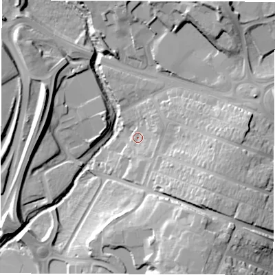 Shaded relief map of the ground around CV34GD, computed from Environment Agency LiDAR. The ground here sits at about 71 m above sea level and falls 27 m across the surrounding 800 m. Surface water reaching this point runs off ground lying to the east-north-east, 6.6 m higher.