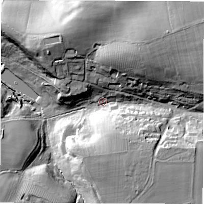 Shaded relief map of the ground around CV350AR, computed from Environment Agency LiDAR. The ground here sits at about 88 m above sea level and falls 38 m across the surrounding 800 m. Surface water reaching this point runs off ground lying to the north-east, 30.1 m higher.