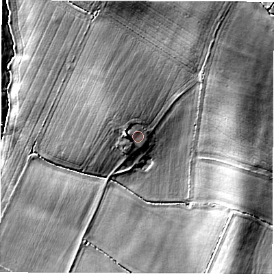 Shaded relief map of the ground around CV350ED, computed from Environment Agency LiDAR. The ground here sits at about 100 m above sea level and falls 19 m across the surrounding 800 m. Surface water reaching this point runs off ground lying to the west, 2.7 m higher.