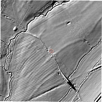 Shaded relief map of the ground around CV350EJ, computed from Environment Agency LiDAR. The ground here sits at about 84 m above sea level and falls 8 m across the surrounding 800 m. Surface water reaching this point runs off ground lying to the east, 0.6 m higher.