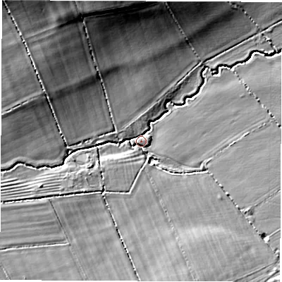 Shaded relief map of the ground around CV350HH, computed from Environment Agency LiDAR. The ground here sits at about 87 m above sea level and falls 13 m across the surrounding 800 m. Surface water reaching this point runs off ground lying to the north, 11.6 m higher.