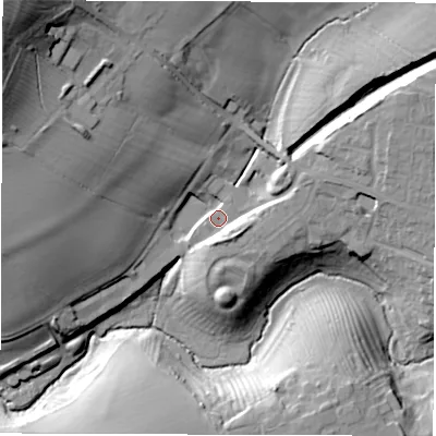 Shaded relief map of the ground around CV350HU, computed from Environment Agency LiDAR. The ground here sits at about 79 m above sea level and falls 48 m across the surrounding 800 m. Surface water reaching this point runs off ground lying to the north-west, 39.9 m higher.