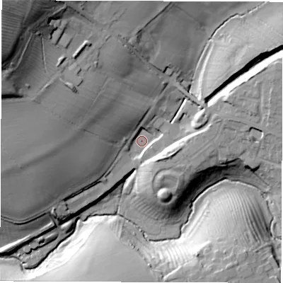 Shaded relief map of the ground around CV350JA, computed from Environment Agency LiDAR. The ground here sits at about 77 m above sea level and falls 51 m across the surrounding 800 m. Surface water reaching this point runs off ground lying to the north-west, 42.5 m higher.