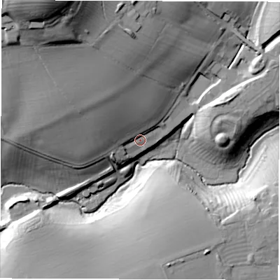 Shaded relief map of the ground around CV350JD, computed from Environment Agency LiDAR. The ground here sits at about 77 m above sea level and falls 49 m across the surrounding 800 m. Surface water reaching this point runs off ground lying to the north-west, 38.2 m higher.