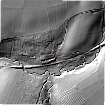 Shaded relief map of the ground around CV350NR, computed from Environment Agency LiDAR. The ground here sits at about 78 m above sea level and falls 36 m across the surrounding 800 m. Surface water reaching this point runs off ground lying to the north-west, 12.6 m higher.