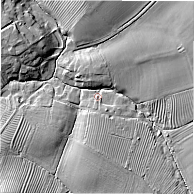 Shaded relief map of the ground around CV350QB, computed from Environment Agency LiDAR. The ground here sits at about 82 m above sea level and falls 21 m across the surrounding 800 m. Surface water reaching this point runs off ground lying to the south, 8.9 m higher.