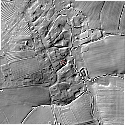 Shaded relief map of the ground around CV350QN, computed from Environment Agency LiDAR. The ground here sits at about 88 m above sea level and falls 13 m across the surrounding 800 m. Surface water reaching this point runs off ground lying to the west-south-west, 10.2 m higher.