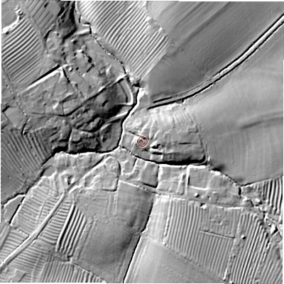 Shaded relief map of the ground around CV350QP, computed from Environment Agency LiDAR. The ground here sits at about 82 m above sea level and falls 14 m across the surrounding 800 m. Surface water reaching this point runs off ground lying to the east-north-east, 4.4 m higher.