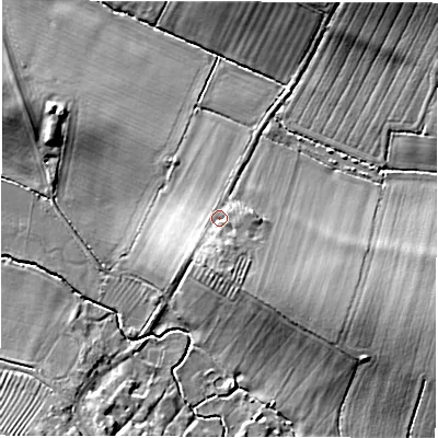 Shaded relief map of the ground around CV350RH, computed from Environment Agency LiDAR. The ground here sits at about 91 m above sea level and falls 14 m across the surrounding 800 m. Surface water reaching this point runs off ground lying to the south, 3.6 m higher.