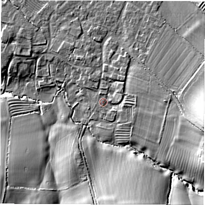 Shaded relief map of the ground around CV350TN, computed from Environment Agency LiDAR. The ground here sits at about 117 m above sea level and falls 25 m across the surrounding 800 m. Surface water reaching this point runs off ground lying to the east-south-east, 5.2 m higher.
