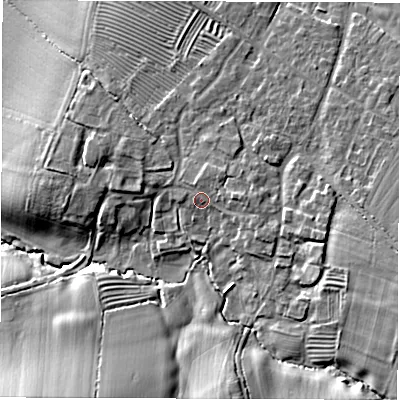 Shaded relief map of the ground around CV350TR, computed from Environment Agency LiDAR. The ground here sits at about 116 m above sea level and falls 22 m across the surrounding 800 m. Surface water reaching this point runs off ground lying to the east, 2.3 m higher.