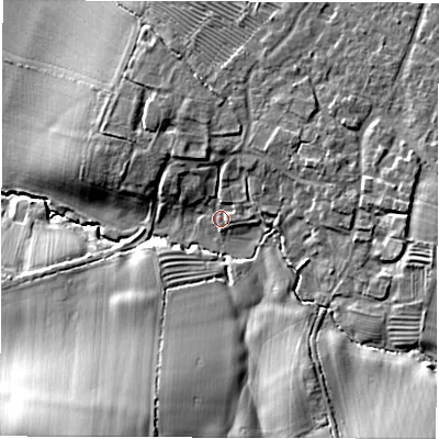 Shaded relief map of the ground around CV350TT, computed from Environment Agency LiDAR. The ground here sits at about 112 m above sea level and falls 31 m across the surrounding 800 m. Surface water reaching this point runs off ground lying to the east-north-east, 6.7 m higher.
