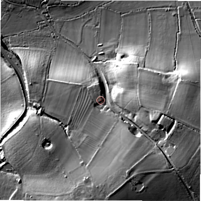 Shaded relief map of the ground around CV357AA, computed from Environment Agency LiDAR. The ground here sits at about 111 m above sea level and falls 32 m across the surrounding 800 m. Surface water reaching this point runs off ground lying to the south-east, 14.9 m higher.