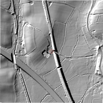 Shaded relief map of the ground around CV357DN, computed from Environment Agency LiDAR. The ground here sits at about 95 m above sea level and falls 20 m across the surrounding 800 m. Surface water reaching this point runs off ground lying to the north, 8.8 m higher.