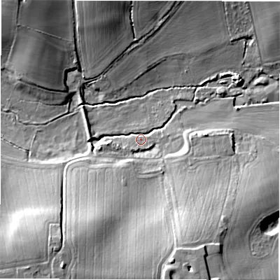 Shaded relief map of the ground around CV357LS, computed from Environment Agency LiDAR. The ground here sits at about 100 m above sea level and falls 23 m across the surrounding 800 m. Surface water reaching this point runs off ground lying to the south-west, 20.5 m higher.