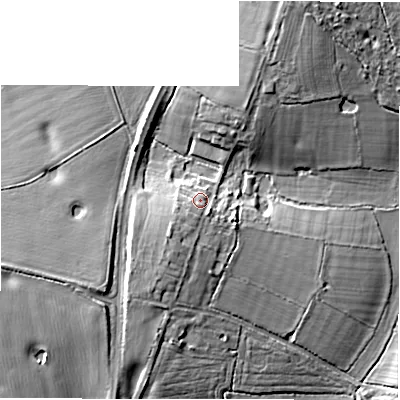 Shaded relief map of the ground around CV357NJ, computed from Environment Agency LiDAR. The ground here sits at about 122 m above sea level and falls 13 m across the surrounding 800 m. Surface water reaching this point runs off ground lying to the south-west, 4.2 m higher.