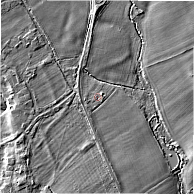 Shaded relief map of the ground around CV358AA, computed from Environment Agency LiDAR. The ground here sits at about 47 m above sea level and falls 7 m across the surrounding 800 m. Surface water reaching this point runs off ground lying to the east-north-east, 1.2 m higher.