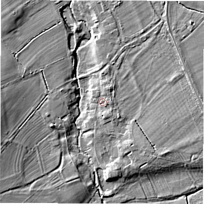 Shaded relief map of the ground around CV358AN, computed from Environment Agency LiDAR. The ground here sits at about 46 m above sea level and falls 10 m across the surrounding 800 m. Surface water reaching this point runs off ground lying to the north-north-east, 2.3 m higher.