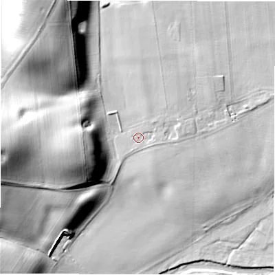 Shaded relief map of the ground around CV358AT, computed from Environment Agency LiDAR. The ground here sits at about 44 m above sea level and falls 26 m across the surrounding 800 m. Surface water reaching this point runs off ground lying to the east-north-east, 1.1 m higher.