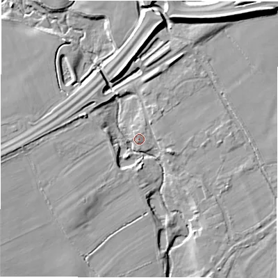 Shaded relief map of the ground around CV358AW, computed from Environment Agency LiDAR. The ground here sits at about 49 m above sea level and falls 13 m across the surrounding 800 m. Surface water reaching this point runs off ground lying to the west, 8.0 m higher.