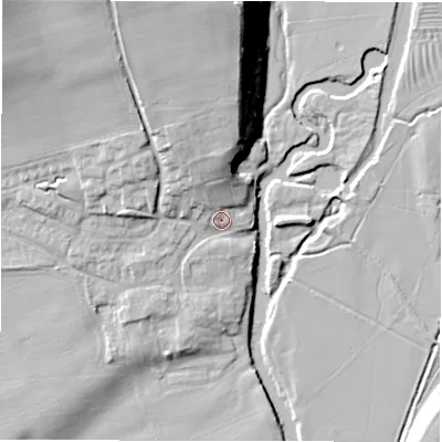 Shaded relief map of the ground around CV358BA, computed from Environment Agency LiDAR. The ground here sits at about 42 m above sea level and falls 24 m across the surrounding 800 m. Surface water reaching this point runs off ground lying to the north, 19.9 m higher.