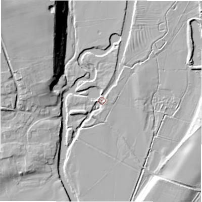 Shaded relief map of the ground around CV358BB, computed from Environment Agency LiDAR. The ground here sits at about 39 m above sea level and falls 25 m across the surrounding 800 m. Surface water reaching this point runs off ground lying to the north-north-east, 3.0 m higher.
