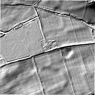 Shaded relief map of the ground around CV358BQ, computed from Environment Agency LiDAR. The ground here sits at about 43 m above sea level and falls 14 m across the surrounding 800 m. Surface water reaching this point runs off ground lying to the east, 1.0 m higher.