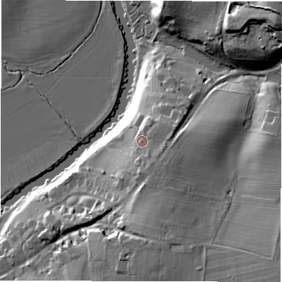 Shaded relief map of the ground around CV358BZ, computed from Environment Agency LiDAR. The ground here sits at about 63 m above sea level and falls 30 m across the surrounding 800 m. Surface water reaching this point runs off ground lying to the south-south-east, 5.5 m higher.
