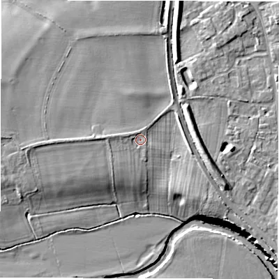 Shaded relief map of the ground around CV358DP, computed from Environment Agency LiDAR. The ground here sits at about 45 m above sea level and falls 10 m across the surrounding 800 m. Surface water reaching this point runs off ground lying to the west-north-west, 1.3 m higher.