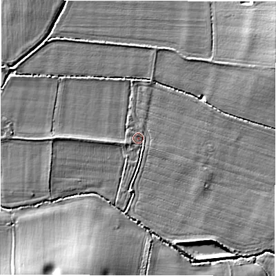 Shaded relief map of the ground around CV358EE, computed from Environment Agency LiDAR. The ground here sits at about 45 m above sea level and falls 8 m across the surrounding 800 m. Surface water reaching this point runs off ground lying to the east-north-east, 6.5 m higher.