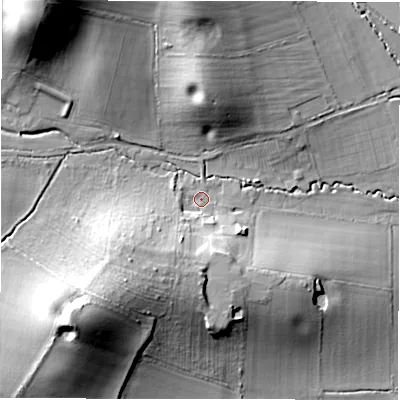 Shaded relief map of the ground around CV358HD, computed from Environment Agency LiDAR. The ground here sits at about 74 m above sea level and falls 34 m across the surrounding 800 m. Surface water reaching this point runs off ground lying to the south-west, 13.1 m higher.