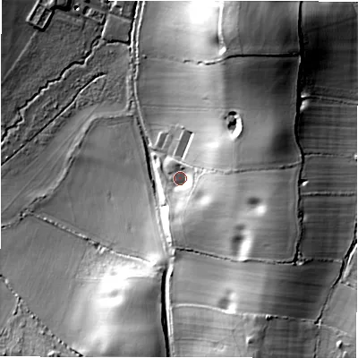 Shaded relief map of the ground around CV358PQ, computed from Environment Agency LiDAR. The ground here sits at about 94 m above sea level and falls 36 m across the surrounding 800 m. Surface water reaching this point runs off ground lying to the east-south-east, 17.8 m higher.