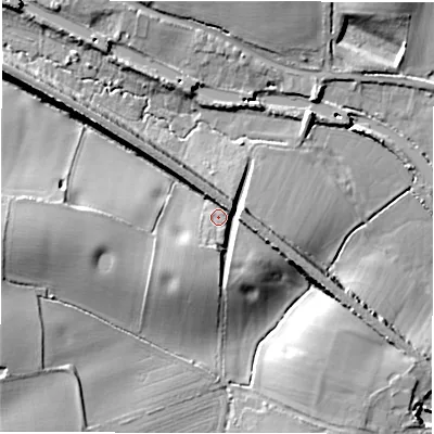 Shaded relief map of the ground around CV358QH, computed from Environment Agency LiDAR. The ground here sits at about 77 m above sea level and falls 21 m across the surrounding 800 m. Surface water reaching this point runs off ground lying to the south-south-west, 3.7 m higher.