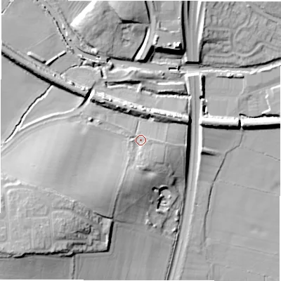Shaded relief map of the ground around CV358RH, computed from Environment Agency LiDAR. The ground here sits at about 64 m above sea level and falls 21 m across the surrounding 800 m. Surface water reaching this point runs off ground lying to the south-west, 10.0 m higher.