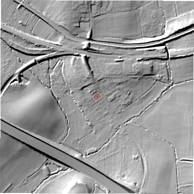 Shaded relief map of the ground around CV358XJ, computed from Environment Agency LiDAR. The ground here sits at about 99 m above sea level and falls 16 m across the surrounding 800 m. Surface water reaching this point runs off ground lying to the west-south-west, 15.5 m higher.