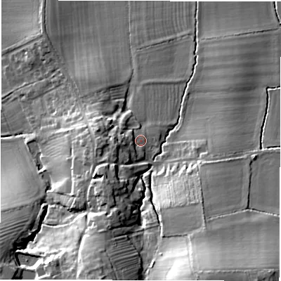 Shaded relief map of the ground around CV359AQ, computed from Environment Agency LiDAR. The ground here sits at about 67 m above sea level and falls 27 m across the surrounding 800 m. Surface water reaching this point runs off ground lying to the south-west, 5.2 m higher.