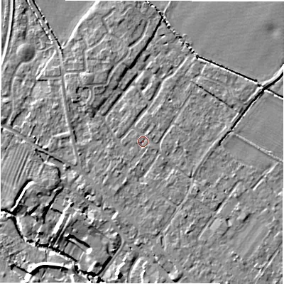 Shaded relief map of the ground around CV359AW, computed from Environment Agency LiDAR. The ground here sits at about 48 m above sea level and falls 9 m across the surrounding 800 m. Surface water reaching this point runs off ground lying to the north-east, 0.6 m higher.