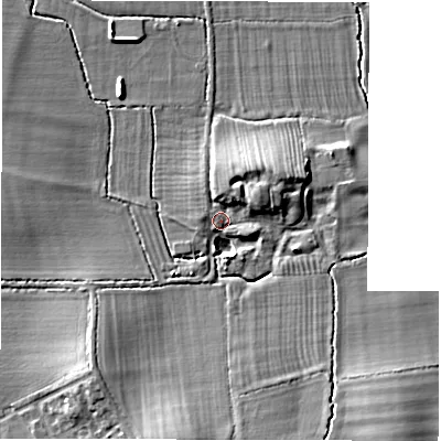 Shaded relief map of the ground around CV359BD, computed from Environment Agency LiDAR. The ground here sits at about 60 m above sea level and falls 9 m across the surrounding 800 m. Surface water reaching this point runs off ground lying to the north-east, 4.8 m higher.